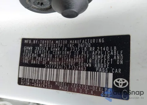 2020 Toyota Corolla Le из США, поврежденный, VIN 5YFEPRAE7LP137463